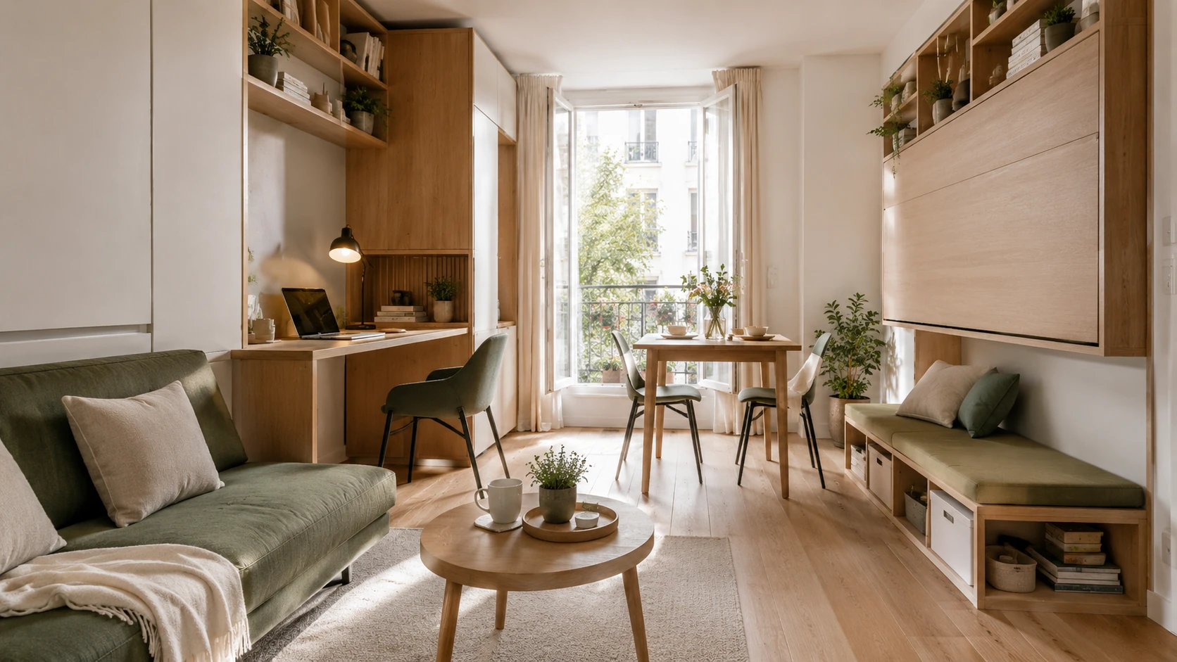 Petit appartement optimisé avec cuisine et rangements intégrés