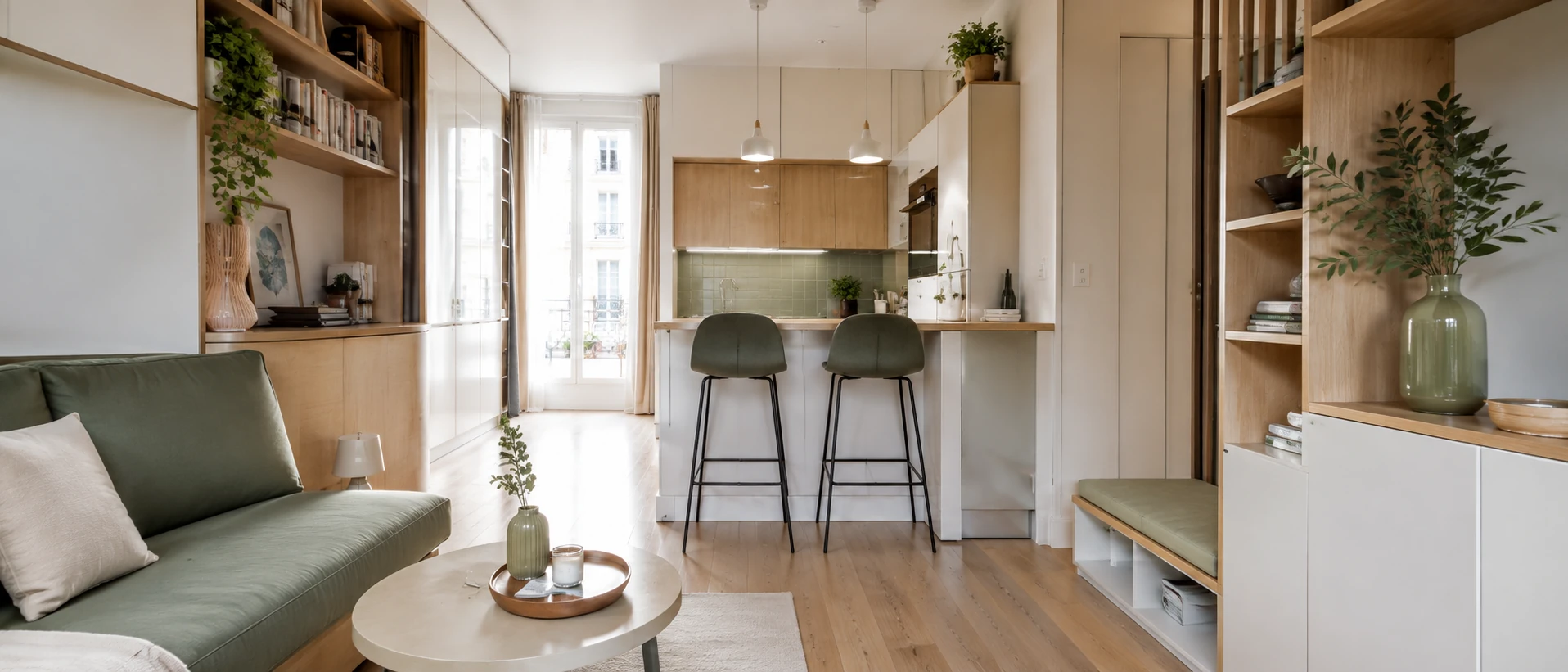 Petit séjour multifonction avec bureau et rangements intégrés